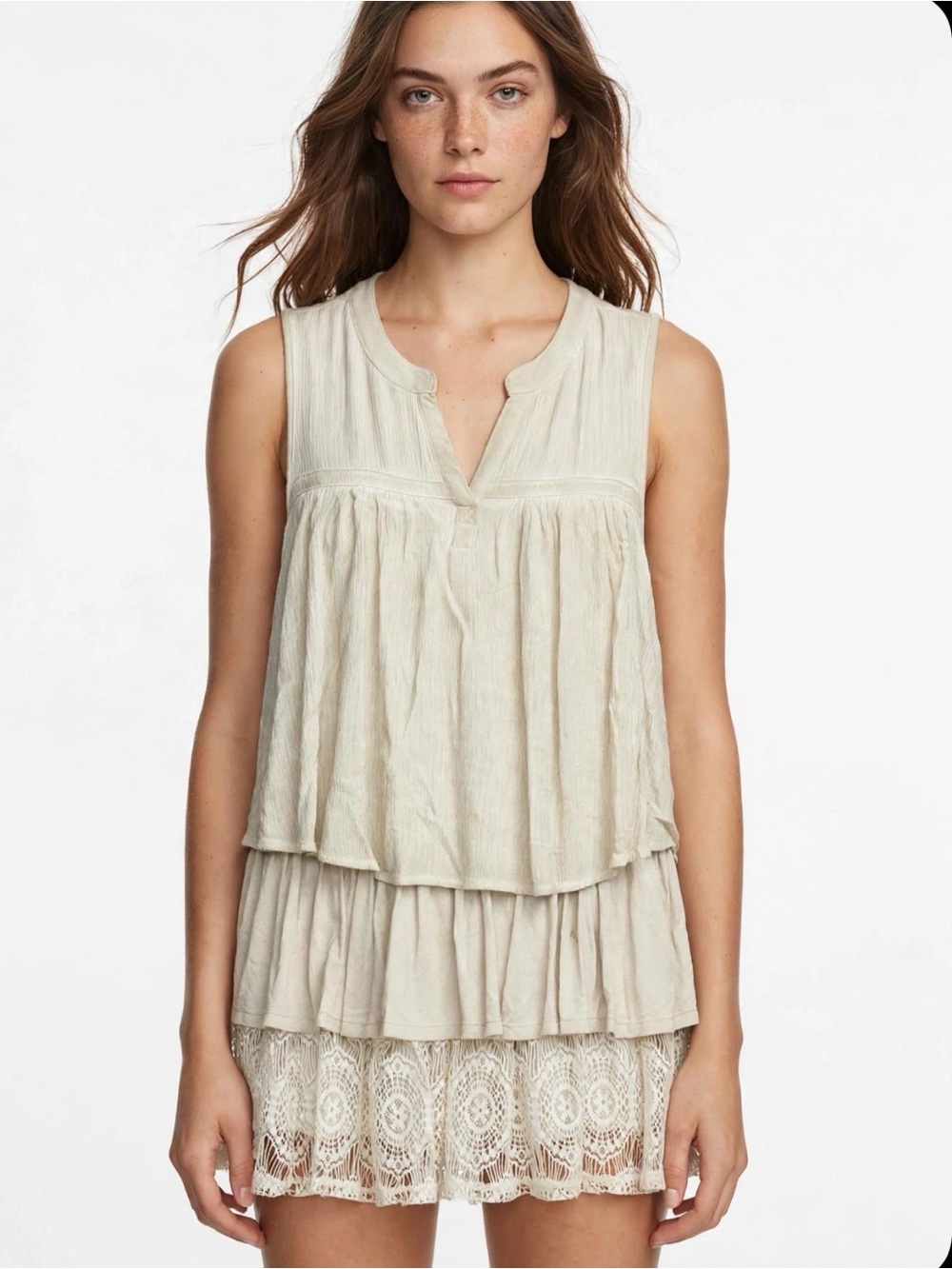 Versona Beige Boho Tiered Babydoll Tank Top